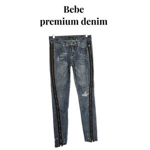 BEBE PREMIUM DENIM DISTRESSED FULL SIDE ZIPPERED DESIGNER JEANS  SIZE 28